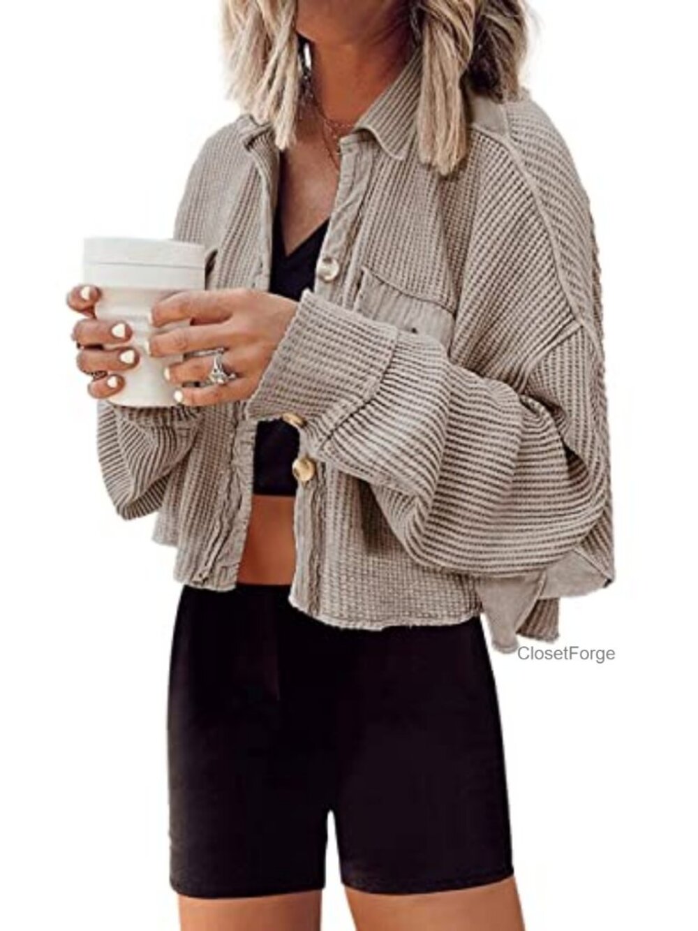 Waffle Knit Cropped Cardigan Shacket for Women Oversized